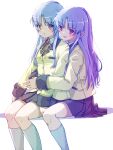  2girls akayama_yukihe angel_beats! arm_at_side arms_around_waist arms_at_sides black_skirt blazer blush commentary_request dual_persona eyes_visible_through_hair feet_out_of_frame highres hug hug_from_behind jacket kneehighs long_hair long_sleeves looking_at_viewer miniskirt multiple_girls multiple_persona neck_ribbon open_mouth pleated_skirt red_eyes ribbon school_uniform sidelighting sidelocks simple_background sitting skirt smile socks tachibana_kanade white_background white_hair white_socks yellow_eyes yellow_jacket yellow_ribbon 