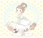  1girl bad_drawr_id bad_id bow brown_eyes brown_hair buttons character_request checkerboard_cookie circle closed_mouth cookie copyright_request food frilled_sleeves frills full_body green_bow green_shirt hair_bow hair_bun high_heels holding holding_spoon looking_at_viewer macaron mini_person minigirl oekaki pink_socks plate polka_dot polka_dot_background shirt short_hair short_sleeves skirt smile socks solo spoon standing striped_bow swept_bangs white_footwear white_skirt yellow_background yuu_(drawr) 