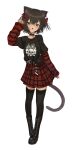  1girl absurdres animal_ears black_nails black_shirt black_thighhighs brown_eyes brown_fur brown_hair cat_ears cat_girl cat_tail full_body highres kgt_(pixiv12957613) long_hair long_sleeves looking_at_viewer open_mouth original red_skirt shirt simple_background skirt sleeves_past_wrists solo standing tail thigh-highs white_background 