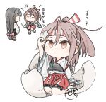  2girls brown_eyes chibi commentary_request eggshell grey_hair hachimaki hakama hakama_shorts headband high_ponytail hinata_hibari japanese_clothes kantai_collection long_hair long_sleeves multiple_girls muneate ponytail red_shorts shorts shouhou_(kancolle) simple_background sitting striped_headband translation_request white_background wide_sleeves zuihou_(kancolle) 