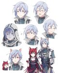  1boy 1girl :d absurdres animal_ears arm_behind_back belt blue_hair celis_ortesia clenched_hand closed_eyes closed_mouth collar commentary_request earrings eiyuu_densetsu fox_ears frown gloves hair_between_eyes highres hooded_robe jewelry korean_text kuro_no_kiseki long_hair mikou_(pixiv_1533702) multiple_views necklace notice_lines open_mouth parted_lips redhead rion_balthazar robe short_hair simple_background smile sparkle star_(symbol) star_earrings thinking violet_eyes white_background white_gloves 