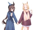  2girls admire_vega_(umamusume) alternate_costume animal_ears bag beret black_bag black_headwear blonde_hair blue_coat brown_hair buttons casual coat commentary crepe double-breasted ear_covers facing_viewer food hair_between_eyes handbag hat highres holding holding_food holding_hands horse_ears horse_girl horse_tail katuko_deluxe multiple_girls narita_top_road_(umamusume) purple_coat scarf short_hair simple_background single_ear_cover skirt smile tail umamusume violet_eyes white_background white_scarf white_skirt 