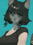  1girl :3 absurdres animal_ear_fluff animal_ears black_hair black_shirt blue_background blue_eyes bob_cut body_fur breasts cat_ears cat_girl cat_tail closed_mouth commentary eyelashes furry furry_female highres looking_at_viewer original shirt short_sleeves simple_background snout solo symbol-only_commentary t-shirt tail tail_raised tomochiso upper_body 