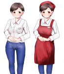  1girl apron blue_pants breasts brown_eyes brown_hair denim highres idolmaster idolmaster_cinderella_girls jeans medium_breasts monsiurbeat2 multiple_views own_hands_together pants pocket red_apron red_headwear sasaki_chie&#039;s_mother shirt short_hair simple_background white_background white_shirt 