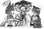  1boy 2girls afterimage animal_ears blue_archive blush cat&#039;s_cradle cat_ears cat_tail choker commentary_request doodle_sensei_(blue_archive) girl_sandwich greyscale halo haori highres hood hooded_jacket jacket japanese_clothes kazuri_(keiwa-san_yu-ki380) kazusa_(blue_archive) kikyou_(blue_archive) locked_arms meme monochrome motion_blur motion_lines multiple_girls paper_on_head parody profile ribbon_choker sandwiched school_uniform sensei_(blue_archive) serafuku short_hair simple_background tail tail_wrap the_weaker_sex_1_(gibson) v-shaped_eyebrows 