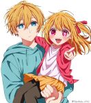  1boy 1girl :d aged_down arm_on_another&#039;s_shoulder black_pantyhose blonde_hair blue_eyes blue_hoodie blush brother_and_sister carrying child_carry closed_mouth commentary double-parted_bangs drawstring fuku_(fukufuku_0703) hair_between_eyes hair_ribbon highres holding_own_wrist hood hood_down hoodie hoshino_aquamarine hoshino_ruby jacket long_bangs looking_at_viewer medium_hair one_side_up open_clothes open_jacket open_mouth oshi_no_ko pantyhose pleated_skirt pointing pointing_at_viewer red_eyes red_jacket red_ribbon ribbon shirt short_hair siblings signature simple_background skirt smile star-shaped_pupils star_(symbol) swept_bangs symbol-shaped_pupils teeth twins twitter_username upper_body upper_teeth_only white_background white_shirt yellow_skirt 