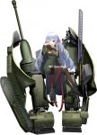  1girl ash_arms belt blue_hair braid breasts cannon character_request full_body hair_ornament long_hair looking_at_viewer marfusha mecha_musume medium_breasts official_art open_mouth pantyhose shoes side_braid sitting sleepy solo thigh_belt thigh_strap transparent_background uniform violet_eyes weapon 