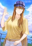  1girl absurdres belt blush brown_hair clouds cloudy_sky girls_frontline green_eyes grey_pants hand_up hat highres long_hair looking_at_viewer outdoors pants parted_lips purple_headwear railing ridwanpertamini shirt sky smile solo springfield_(girls&#039;_frontline) straight-on t-shirt upper_body yellow_shirt 