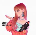  1girl aciots bad_source blackpink blue_eyes blunt_bangs dress earrings hair_behind_ear instagram_username jacket jewelry lisa_(blackpink) long_hair necklace solo upper_body white_background 