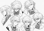  1boy aventurine_(honkai:_star_rail) closed_mouth collared_shirt earrings fur_trim glasses greyscale hair_between_eyes hair_over_one_eye highres honkai:_star_rail honkai_(series) jewelry looking_at_viewer looking_to_the_side monochrome multiple_views open_mouth portrait shirt short_hair simple_background tomono_tomochan 