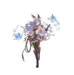  1girl absurdres animal_ears bare_shoulders blue_hair boots breasts brown_eyes dress earrings elbow_gloves erune ferry_(granblue_fantasy) flower fugee_(granblue_fantasy) full_body gloves gold_trim granblue_fantasy granblue_fantasy:_relink highres holding holding_weapon holding_whip jewelry knee_boots long_hair minaba_hideo nicola_(granblue_fantasy) official_art open_mouth pleated_skirt short_dress skirt sleeveless sleeveless_dress small_breasts smile solo standing thigh-highs transparent_background weapon whip zettai_ryouiki 