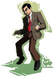  absurdres black_footwear black_hair brown_suit closed_mouth full_body green_de_la_bean highres larryinc64 looking_at_viewer mr_bean mr_bean_(series) necktie red_tie shirt shoes siivagunner suit white_shirt 