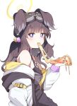  1girl animal_ears black_hair blue_archive blush dog_ears dog_girl eating food halo hibiki_(blue_archive) highres holding holding_food jacket karikura_(atatata71) long_hair long_sleeves looking_at_viewer open_clothes open_jacket pizza simple_background solo upper_body violet_eyes white_background white_jacket yellow_halo 