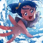  1girl aoi_tete artist_logo blue_hair blue_shirt blue_sky bow clouds cloudy_sky day floating foreshortening frown hair_bow highres hirogaru_sky!_precure looking_at_viewer medium_hair open_mouth outdoors precure reaching reaching_towards_viewer shirt short_sleeves side_ponytail sky solo sora_harewataru sweatdrop yellow_bow 