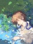  1boy ah_roro bad_drawr_id bad_id blue_ribbon brown_hair buttons closed_eyes collared_shirt daisy flower grass male_focus original parted_lips partially_submerged refraction ribbon shirt short_hair solo upper_body watch watch water wetland white_flower white_shirt 