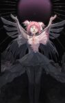  1girl absurdres arms_up black_background chinese_commentary closed_eyes closed_mouth commentary_request dress goddess_madoka hair_ribbon highres kaname_madoka long_hair mahou_shoujo_madoka_magica mahou_shoujo_madoka_magica_(anime) petrification pink_dress pink_hair ribbon shao_ziye short_sleeves solo thigh-highs two_side_up white_ribbon wings 