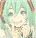  1girl arm_tattoo bad_drawr_id bad_id bare_shoulders black_sleeves blush border detached_sleeves green_eyes green_hair green_nails grey_shirt hair_ornament hatsune_miku heart long_hair looking_at_viewer lower_teeth_only nail_polish number_tattoo oekaki open_mouth portrait shirt smile solo tattoo teeth usashiro_mani v vocaloid 