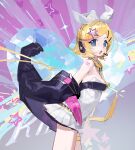  1girl ariozara bare_shoulders black_jacket blonde_hair blue_eyes bow breasts dress dyed_bangs fang hair_bow hair_ornament hairclip headphones headset heart heart_background highres jacket kagamine_rin leaning_forward legband long_sleeves looking_at_viewer microphone miniskirt muse_dash necktie no_bra off_shoulder open_mouth pink_background short_hair shoulder_tattoo skin_fang skirt sleeveless sleeveless_dress small_breasts solo star_(symbol) star_hair_ornament strapless strapless_dress swept_bangs symbol_in_eye tattoo turning_head vocaloid yellow_necktie 