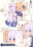  &gt;_&lt; 2girls anisphia_wynn_palettia blonde_hair blue_dress blush closed_eyes commentary_request dress euphyllia_magenta heart hug jacket long_hair medium_hair multiple_girls open_mouth purple_hair speech_bubble sweatdrop tensei_oujo_to_tensai_reijou_no_mahou_kakumei to_be_continued translation_request violet_eyes white_jacket ydpfa yuri 