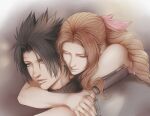  1boy 1girl aerith_gainsborough armor arms_around_neck bare_shoulders black_hair blue_eyes braid braided_ponytail brown_hair closed_eyes commentary couple crisis_core_final_fantasy_vii crylin6 english_commentary final_fantasy final_fantasy_vii hair_ribbon heads_together highres hug hug_from_behind long_hair parted_bangs parted_lips pink_ribbon ribbed_sweater ribbon scar scar_on_cheek scar_on_face short_hair shoulder_armor sleeveless sleeveless_turtleneck spiky_hair sweater turtleneck turtleneck_sweater upper_body zack_fair 