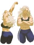  1girl abs artist_request blonde_hair breasts dorohedoro highres large_breasts long_hair muscular muscular_female navel noi_(dorohedoro) red_eyes simple_background smile solo sports_bra stomach 