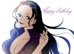  1girl amaguri_op black_hair blue_jacket close-up commentary_request eyewear_on_head happy_birthday jacket long_hair looking_to_the_side nico_robin one_piece sidelocks simple_background smile upper_body white_background zipper 