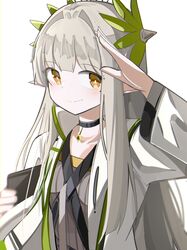  1girl absurdres arknights arm_up black_choker blush brown_eyes choker closed_mouth grey_hair grey_shirt hair_intakes highres jacket long_hair long_sleeves mole mole_under_eye muelsyse_(arknights) open_clothes open_jacket salute shirt simple_background smile solo spam_(spamham4506) very_long_hair white_background white_jacket 