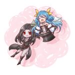  1girl 1other ascot black_hair blue_hair boots chibi dizzy_(guilty_gear) feathers guilty_gear guilty_gear_strive hair_ribbon hair_rings hat highres long_hair red_eyes ribbon sangorou smile testament_(guilty_gear) top_hat wings 