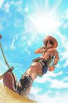  1boy arm_tattoo black_hair boots clenched_hand clouds commentary dm_0820 elbow_pads hat highres jewelry male_focus necklace one_piece orange_headwear portgas_d._ace short_hair shorts sky smile solo sun symbol-only_commentary tattoo topless_male 