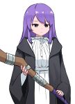  1girl black_coat coat cosplay fern_(sousou_no_frieren) fern_(sousou_no_frieren)_(cosplay) fian_f.n holding holding_staff hololive hololive_indonesia hood hooded_coat long_hair moona_hoshinova multicolored_eyes purple_hair robe sousou_no_frieren staff transparent_background violet_eyes virtual_youtuber wide_sleeves 