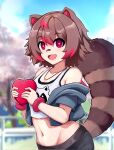  1girl :d animal_ears armpit_crease bandaid bandaid_on_face bandaid_on_nose bare_shoulders belt black_shorts blue_jacket blue_sky blurry blurry_background breasts bright_pupils brown_belt brown_hair brown_tail camisole cherry_blossoms collarbone colored_tips commentary_request corrupted_twitter_file cropped_jacket day groin hair_between_eyes heart highres holding holding_heart jacket jewelry light_blush linea_alba looking_at_viewer midriff multicolored_hair navel necklace off_shoulder outdoors owozu raccoon_ears raccoon_girl raccoon_tail rakkun_sutaru red_eyes red_wristband redhead short_hair shorts sidelocks sky slash-ex small_breasts smile solo spanish_commentary standing stomach striped_tail tail tree white_camisole white_pupils wristband 