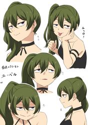  1girl 4shi :&gt; arm_strap black_choker black_dress character_name choker copyright_name dress green_hair hair_between_eyes half-closed_eyes highres lone_nape_hair multiple_views o-ring o-ring_choker portrait profile side_ponytail sideways_glance simple_background smile sousou_no_frieren three_quarter_view tongue tongue_out ubel_(sousou_no_frieren) variations violet_eyes white_background 