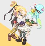  2boys black_footwear blonde_hair brown_footwear closed_eyes closed_mouth cup eyebrow_cut glasses green_eyes grey_pants harmony_(splatoon) holding holding_cup holding_phone inkling_boy inkling_player_character medium_hair multiple_boys octopus pants phone pointy_ears print_cup round_eyewear shirt shoes short_hair short_ponytail smallfry_(splatoon) spl8ya splatoon_(series) standing sticker sweat tentacle_hair violet_eyes white_background white_hair white_shirt yellow-framed_eyewear yellow_pants 