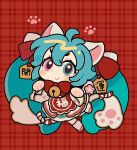  1girl alternate_eye_color animal_ears bell blue_eyes blue_hair blush_stickers bow bowtie cat_ears cat_girl cat_tail chibi chinese_commentary chinese_new_year closed_mouth clothes_writing commentary dress flower full_body hair_between_eyes hair_ribbon hands_up hatsune_miku jingle_bell kemonomimi_mode long_hair looking_at_viewer neck_bell paw_pose paw_print pink_eyes pink_flower plaid plaid_background red_background red_bow red_bowtie ribbon sandals smile socks solo standing standing_on_one_leg suuroku tail very_long_hair vocaloid white_socks zouri 