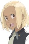  1girl blonde_hair brown_eyes dark-skinned_female dark_skin flcl freckles highres hirooka_masaki kitsurubami looking_at_viewer military_uniform necktie open_mouth short_hair simple_background solo uniform white_background 