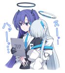  2girls blue_archive blue_necktie collared_shirt expressionless hair_ornament halo head_on_another&#039;s_shoulder headphones highres holding holding_tablet_pc hug hug_from_behind jacket karikura_(atatata71) mechanical_halo multiple_girls necktie noa_(blue_archive) purple_hair shirt smelling suit tablet_pc two_side_up violet_eyes white_background white_hair white_shirt yuuka_(blue_archive) 