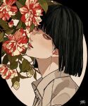  1boy black_border black_eyes black_hair blunt_bangs blunt_ends bob_cut border branch collared_shirt flower from_side hair_behind_ear head_tilt highres kagoya1219 looking_at_viewer looking_to_the_side male_focus original outside_border parted_lips plant portrait red_flower shirt signature straight_hair white_background white_shirt 