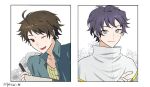  2boys ahoge blue_hair blue_shirt brown_hair capelet chinese_commentary closed_mouth collared_shirt commentary_request dark_blue_hair gold_trim grey_eyes harada_minoru highres holding holding_pen icey1117 male_focus multiple_boys one_eye_closed open_clothes open_mouth open_shirt pen red_eyes ribbed_sweater saibou_shinkyoku shirt short_hair smile sweater utsugi_noriyuki white_capelet yellow_sweater 