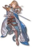  1girl armor armored_boots belt blonde_hair boots breasts brown_eyes cape closed_mouth earrings full_body gauntlets granblue_fantasy granblue_fantasy_versus highres holding holding_sword holding_weapon jewelry katalina_(granblue_fantasy) long_hair looking_at_viewer medium_breasts minaba_hideo multiple_belts official_art one_eye_closed rapier shoulder_armor smile solo sword transparent_background weapon 