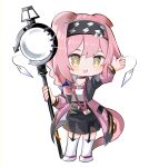  1girl :d absurdres animal_ears arknights arm_up black_hairband black_skirt blue_bow bow braid cat_ears cat_girl cat_tail chibi full_body garter_straps goldenglow_(arknights) hair_bow hairband highres holding holding_staff jacket lightning_bolt_print long_hair long_sleeves open_clothes open_jacket pink_hair pink_jacket print_hairband puffy_long_sleeves puffy_sleeves shirt shoes single_braid skirt smile solo spam_(spamham4506) staff standing tail thigh-highs white_footwear white_shirt white_thighhighs yellow_eyes 