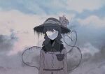  1girl bow buttons clouds cloudy_sky collared_shirt commentary diamond_button faceless facing_viewer grey_hair hat hat_bow hat_ribbon heart heart_of_string hole_in_face komeiji_koishi long_hair n0een ribbon shirt sky third-party_source third_eye touhou upper_body yellow_bow yellow_ribbon yellow_shirt 