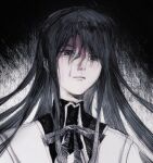  1girl akemi_homura black_background black_eyes black_hair black_ribbon chinese_commentary closed_mouth commentary_request expressionless highres long_hair mahou_shoujo_madoka_magica mahou_shoujo_madoka_magica_(anime) neck_ribbon portrait ribbon shao_ziye solo tears white_background 
