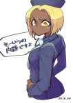  1girl blonde_hair breasts brown_eyes dark-skinned_female dark_skin dated flcl freckles hat highres kitsurubami long_sleeves looking_at_viewer medium_breasts military military_uniform necktie parupunte_(nicoseiga51964270) short_hair simple_background solo uniform white_background 