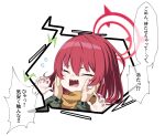  1girl 1other absurdres blue_archive closed_eyes flying_sweatdrops halo highres jacket kokolokokomika long_hair long_sleeves open_mouth rabu_(blue_archive) red_halo redhead scarf sharp_teeth solo_focus speech_bubble teeth translation_request yellow_scarf 