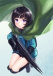  1girl ahoge amatori_chika black_footwear black_gloves black_hair black_shorts blue_jacket bob_cut boots cloak cloak_lift closed_mouth floating_clothes full_body gloves green_cloak grey_background gun highres holding holding_gun holding_weapon hood hooded_cloak jacket jumping knee_boots long_sleeves looking_at_viewer mikumo_squad&#039;s_uniform short_hair short_shorts shorts smile solo sonoda_(mzm) uniform violet_eyes weapon world_trigger 