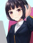  1girl black_hair black_jacket blue_background blush bob_cut border_operator_uniform_(world_trigger) closed_mouth collared_shirt computer dress_shirt hand_up headphones headset jacket laptop long_sleeves looking_at_viewer mikami_kaho multicolored_eyes red_eyes shirt short_hair smile solo sonoda_(mzm) uniform upper_body white_shirt world_trigger yellow_eyes 