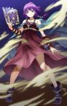  1girl absurdres aerokinesis bare_shoulders blue_cape book boots bracer breasts cape closed_mouth fire_emblem fire_emblem:_the_sacred_stones full_body highres holding holding_book looking_at_viewer low_twintails lute_(fire_emblem) magic open_book purple_hair sirano small_breasts solo standing twintails violet_eyes wind 