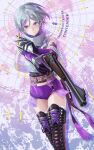  1girl absurdres black_gloves boots bullet character_name contender_(girls&#039;_frontline) cowboy_shot cross-laced_footwear girls_frontline gloves gomakyu grey_hair gun handgun highres holding holding_bullet holding_gun holding_weapon looking_at_viewer multicolored_hair purple_hair purple_shorts rifle_cartridge short_hair short_shorts shorts solo straight-on streaked_hair thigh_boots thompson/center_contender trigger_discipline two-tone_gloves violet_eyes weapon weapon_name white_gloves 