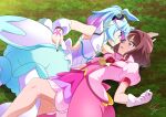 2girls aqua_dress aqua_eyes artist_name ascot back_bow black_nails blue_hair bob_cut bow brown_hair choker clothing_cutout commentary_request commission cure_grace cure_supreme detached_sleeves dress gloves grass hair_ornament hanadera_nodoka hand_tattoo healin&#039;_good_precure highres looking_at_another lying magical_girl medium_dress medium_hair multicolored_eyes multicolored_hair multiple_girls on_back on_ground on_side open_mouth pantyhose partial_commentary pink_choker pink_dress pink_eyes pink_hair precure precure_all_stars_f preme_(precure) puffy_short_sleeves puffy_sleeves short_dress short_hair short_sleeves side_cutout signature skeb_commission sleeveless sleeveless_dress straddling sweatdrop tattoo tirofinire violet_eyes white_gloves white_pantyhose white_sleeves yellow_ascot