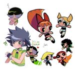  !? 3boys 4girls black_hair blossom_(ppg) boomer_(ppg) bow brick_(ppg) bubbles_(ppg) butch_(ppg) buttercup_(ppg) closed_eyes commentary_request evil_grin evil_smile fingerless_gloves furrowed_brow gloves green_eyes grin guruo_(gur_sp) hair_bow heart highres in-franchise_crossover long_hair matsubara_kaoru multiple_boys multiple_girls one_eye_closed open_mouth powered_buttercup powerpuff_girls powerpuff_girls_z rowdyruff_boys signature sleeping smile spiky_hair twintails vest yellow_vest zzz 